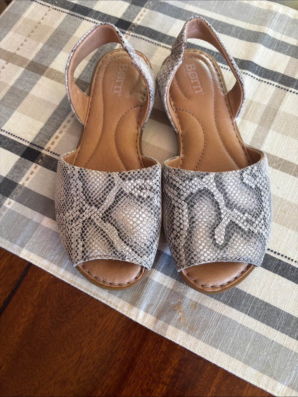 Born Snake-Print Open-Toe Slingback Sandals in Grey